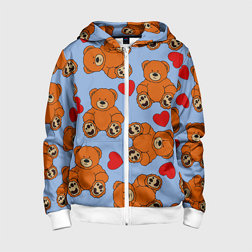 Детская толстовка на молнии Мишки и сердца на голубом фоне / 3D-Белый – фото 1