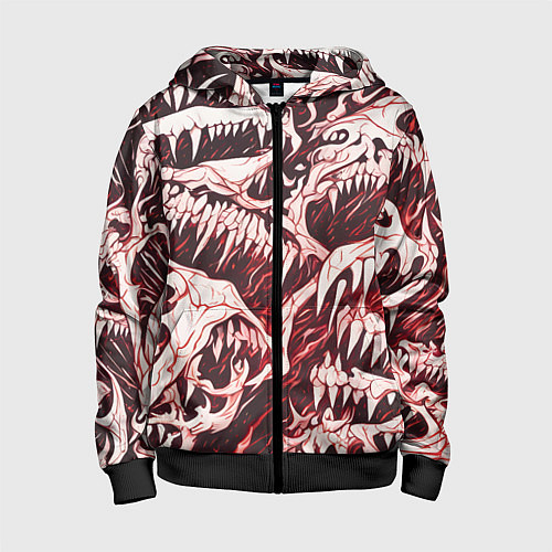 Детская толстовка на молнии Белые клыки на красном фоне / 3D-Черный – фото 1