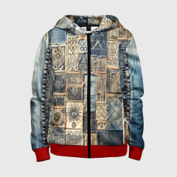 Толстовка на молнии детская Татуировки племени майя пэчворк, цвет: 3D-красный