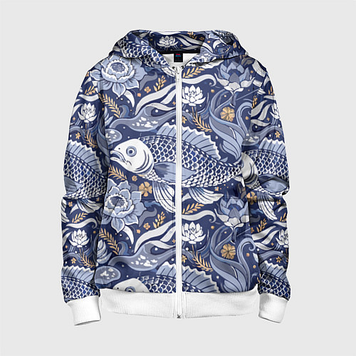 Детская толстовка на молнии Рыба карп - синий корейский узор / 3D-Белый – фото 1