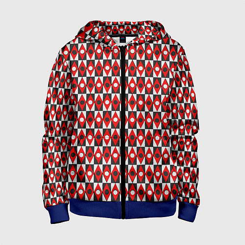 Детская толстовка на молнии Чёрно-белые ромбы и круги на красном фоне / 3D-Синий – фото 1