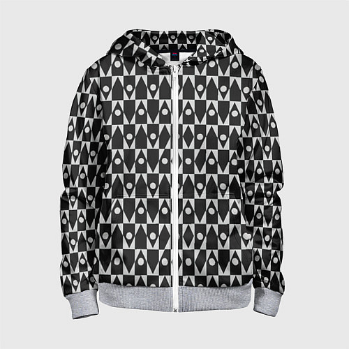Детская толстовка на молнии Чёрно-белые ромбы и круги на чёрном фоне / 3D-Меланж – фото 1