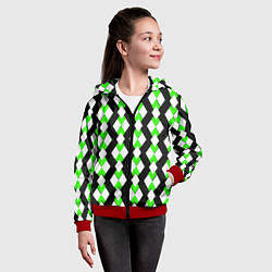 Толстовка на молнии детская Зелёные и белые ромбы на чёрном фоне, цвет: 3D-красный — фото 2