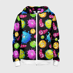 Толстовка на молнии детская Смешные бактерии паттерн, цвет: 3D-белый