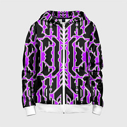 Толстовка на молнии детская Техно фиолетовые линии с белой обводкой на чёрном, цвет: 3D-белый