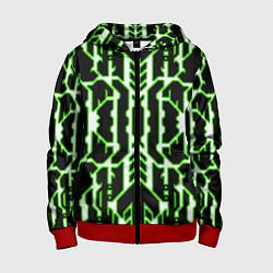 Толстовка на молнии детская Техно белые линии с зелёной обводкой на чёрном фон, цвет: 3D-красный