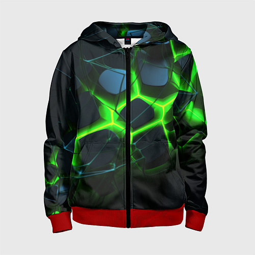 Детская толстовка на молнии Зеленый неон и разлом плит / 3D-Красный – фото 1