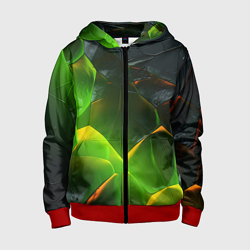 Детская толстовка на молнии Зеленая абстрактная неоновая текстура / 3D-Красный – фото 1