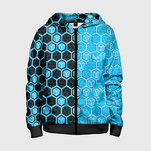 Детская толстовка на молнии Техно-киберпанк шестиугольники голубой и чёрный / 3D-Черный – фото 1