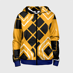 Толстовка на молнии детская Чёрные квадраты и белые полосы на оранжевом фоне, цвет: 3D-синий