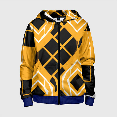 Детская толстовка на молнии Чёрные квадраты и белые полосы на оранжевом фоне / 3D-Синий – фото 1