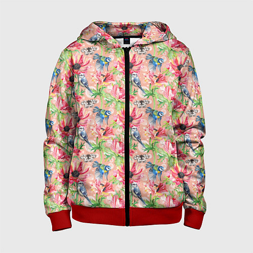 Детская толстовка на молнии Лазоревки и маки на розовом / 3D-Красный – фото 1
