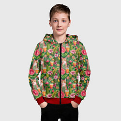 Толстовка на молнии детская Летний котик с коктейлем в тропических цветах, цвет: 3D-красный — фото 2