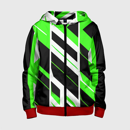 Детская толстовка на молнии Black and green stripes on a white background / 3D-Красный – фото 1