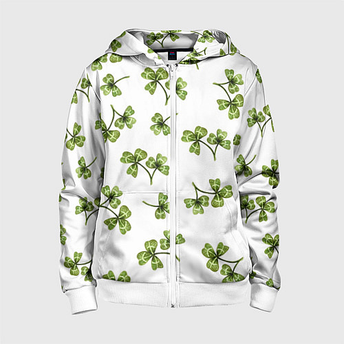 Детская толстовка на молнии Листочки клевера на белом фоне - паттерн / 3D-Белый – фото 1