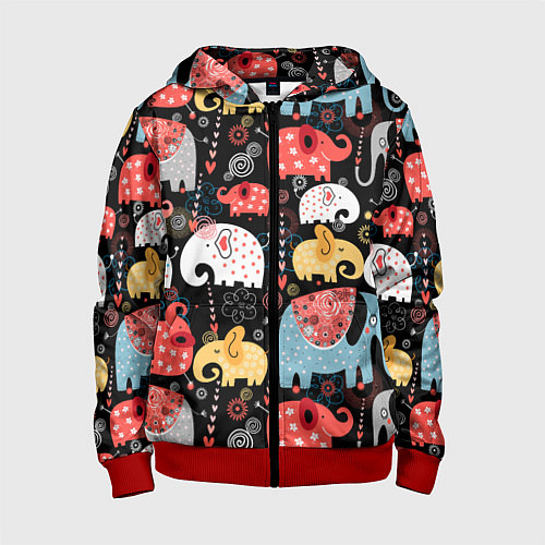 Детская толстовка на молнии Разноцветные слоны узор / 3D-Красный – фото 1