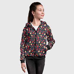 Толстовка на молнии детская Ягоды клубники на темном фоне, цвет: 3D-черный — фото 2