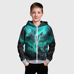 Толстовка на молнии детская Волки воют на луну и северное сияние, цвет: 3D-меланж — фото 2