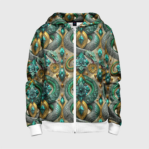 Детская толстовка на молнии Паттерн зеленые темные змеи / 3D-Белый – фото 1