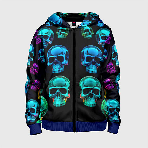 Детская толстовка на молнии Neon skulls - ai art pattern / 3D-Синий – фото 1