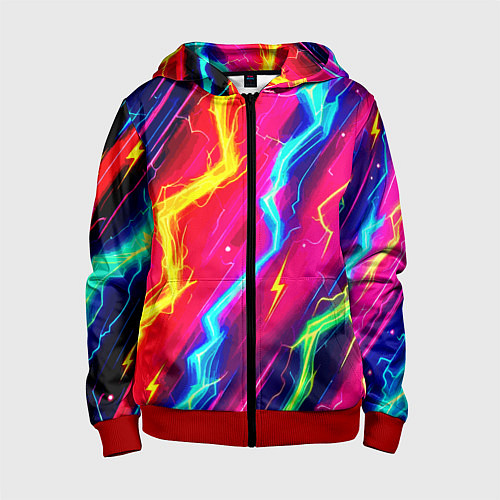 Детская толстовка на молнии Абстракция из неоновых молний - нейроарт / 3D-Красный – фото 1