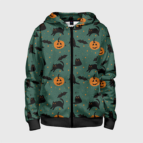 Детская толстовка на молнии Хэллоуин и черный кот / 3D-Черный – фото 1