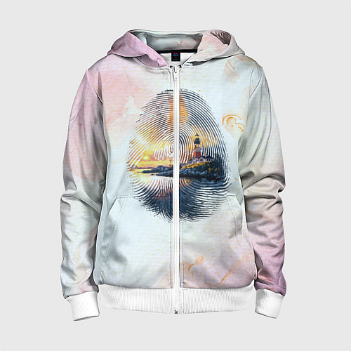 Детская толстовка на молнии Маяк у моря на закате в отпечатке пальца / 3D-Белый – фото 1