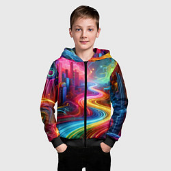 Толстовка на молнии детская Неоновый город - нейроарт, цвет: 3D-черный — фото 2