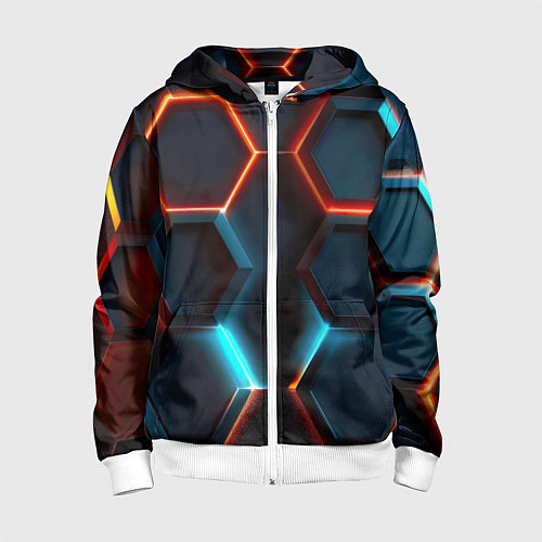 Детская толстовка на молнии Неоновые темно синие соты / 3D-Белый – фото 1