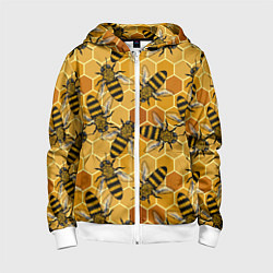 Толстовка на молнии детская Пчелы на сотах паттерн, цвет: 3D-белый