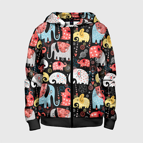 Детская толстовка на молнии Цветные слонята паттерн / 3D-Черный – фото 1