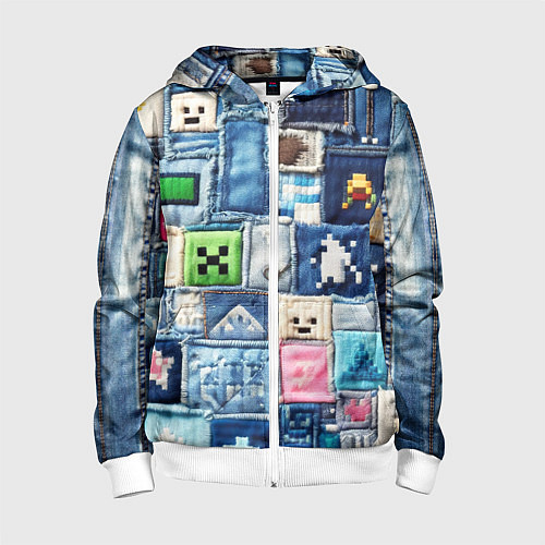 Детская толстовка на молнии Minecraft на пэчворк джинсах / 3D-Белый – фото 1