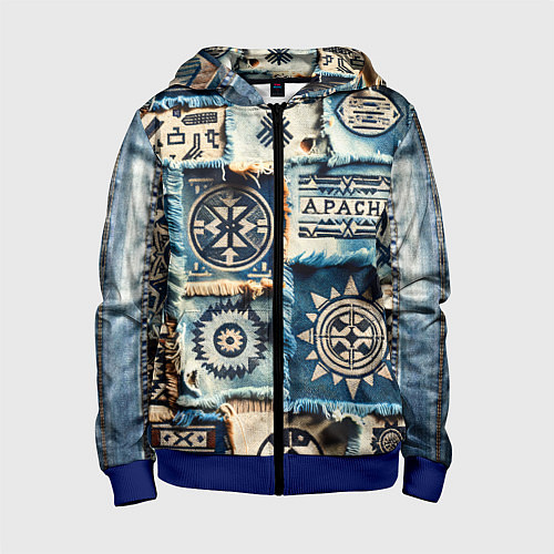 Детская толстовка на молнии Символы Апачи на пэчворк дениме / 3D-Синий – фото 1