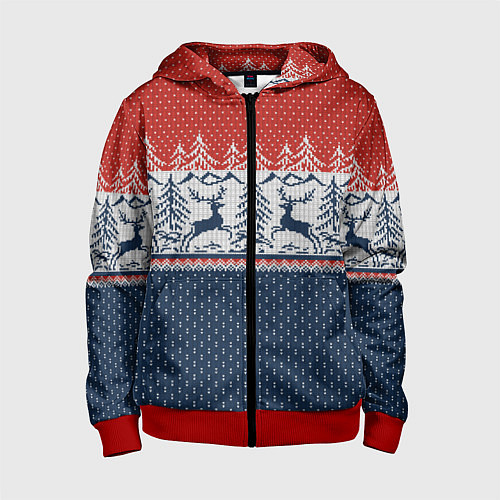 Детская толстовка на молнии Новогодний вязаный узор / 3D-Красный – фото 1