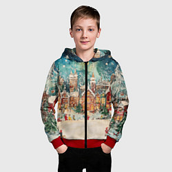 Толстовка на молнии детская Новогодний снежный город, цвет: 3D-красный — фото 2