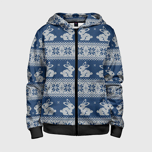 Детская толстовка на молнии Вязаный зимний узор с милыми зайчатами / 3D-Черный – фото 1