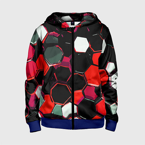 Детская толстовка на молнии Красно-белые шестиугольники на чёрном фоне / 3D-Синий – фото 1