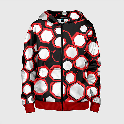 Детская толстовка на молнии Красно-белые шестиугольники на чёрном фоне / 3D-Красный – фото 1