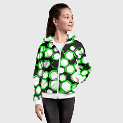 Толстовка на молнии детская Бело-зелёные шестиугольники на чёрном фоне, цвет: 3D-белый — фото 2