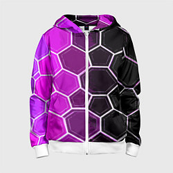 Толстовка на молнии детская Белые шестиугольники на чёрно-фиолетовом фоне, цвет: 3D-белый