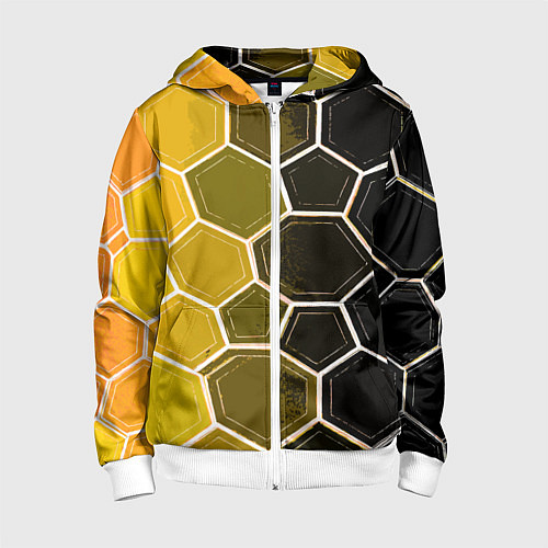 Детская толстовка на молнии Белые шестиугольники на чёрно-жёлтом фоне / 3D-Белый – фото 1