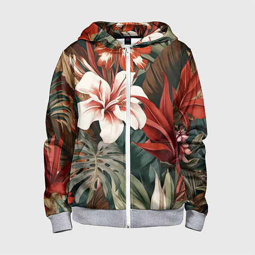 Детская толстовка на молнии Алые тропические цветы / 3D-Меланж – фото 1