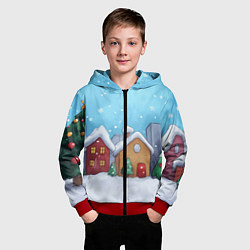 Толстовка на молнии детская Домики новогодние, цвет: 3D-красный — фото 2