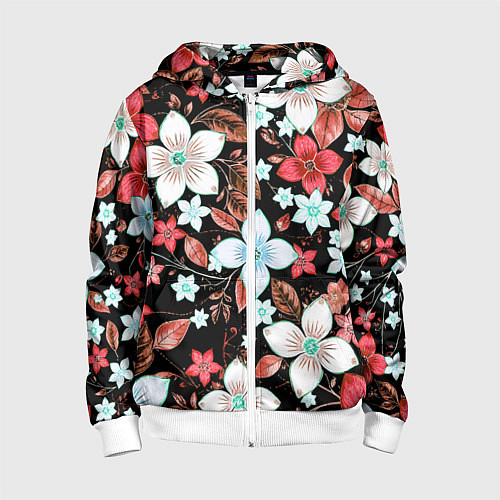 Детская толстовка на молнии Красно-белые цветы на чёрном фоне / 3D-Белый – фото 1