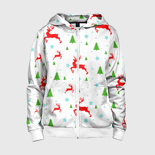 Детская толстовка на молнии Новогодние олени с ёлками / 3D-Белый – фото 1
