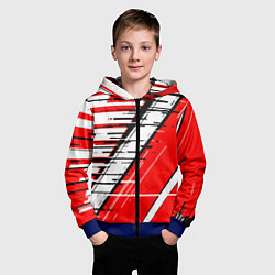 Толстовка на молнии детская Чёрно-белые глитч полосы на красном фоне, цвет: 3D-синий — фото 2