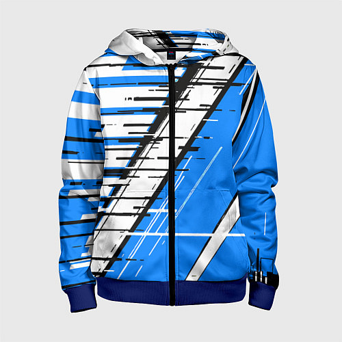 Детская толстовка на молнии Чёрно-белые глитч полосы на синем фоне / 3D-Синий – фото 1