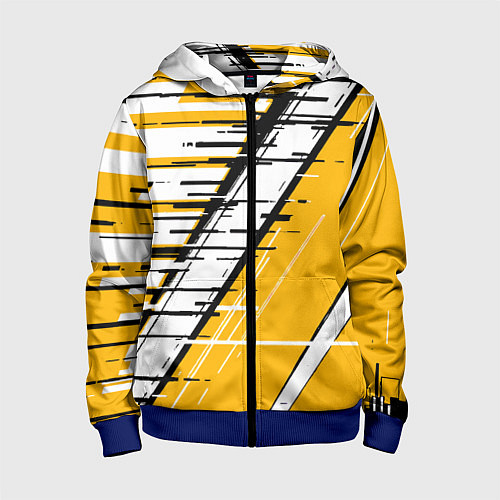 Детская толстовка на молнии Чёрно-белые глитч полосы на жёлтом фоне / 3D-Синий – фото 1