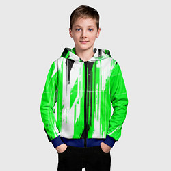 Толстовка на молнии детская Вертикальные чёрно-белые линии на зелёном фоне, цвет: 3D-синий — фото 2