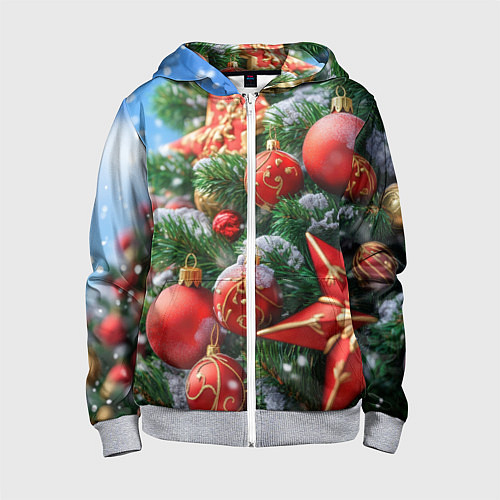 Детская толстовка на молнии Красные шары и звезда новогодняя / 3D-Меланж – фото 1